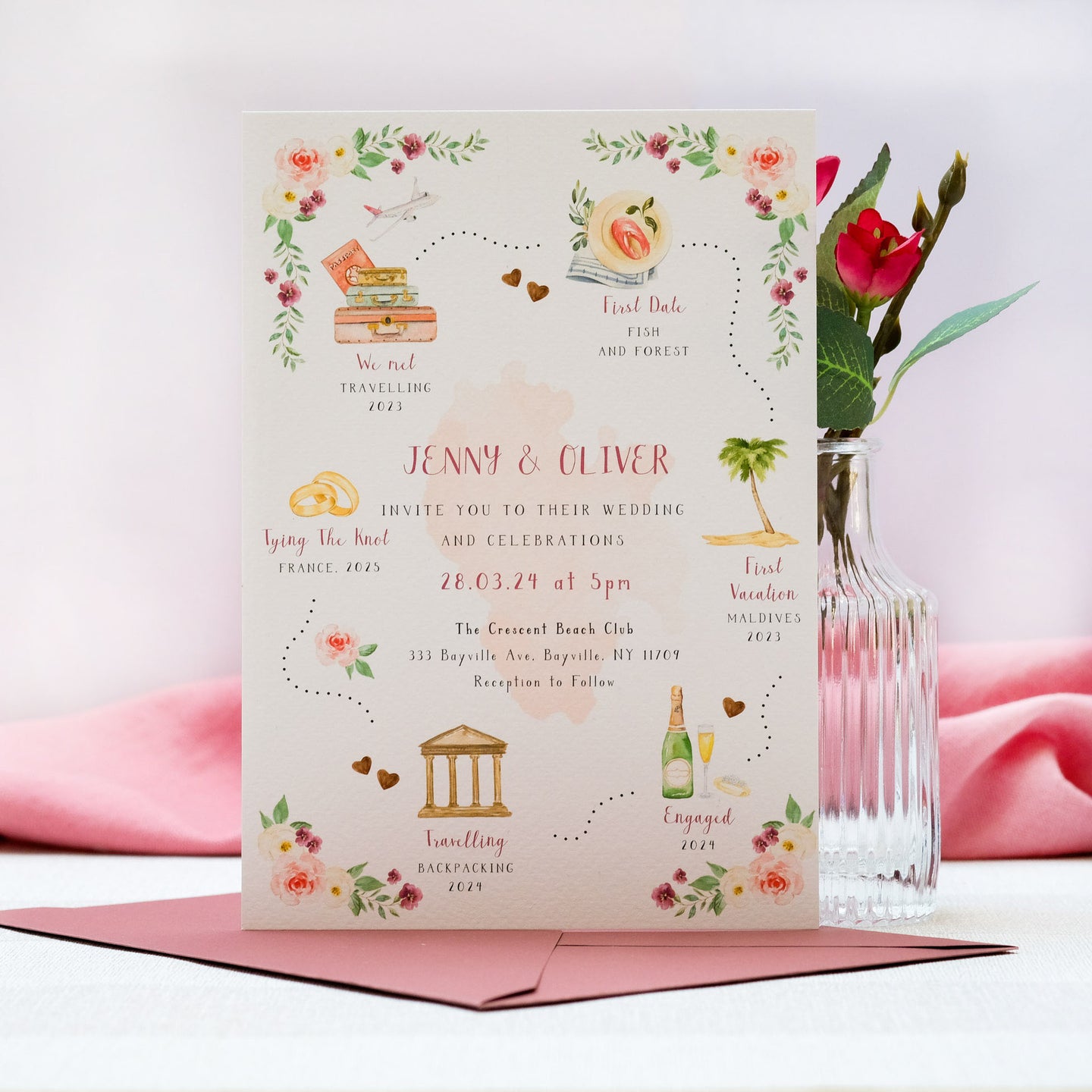 Wedding invitation with the story of how you met, and where you got engaged, custom illustrations and watercolour flowers